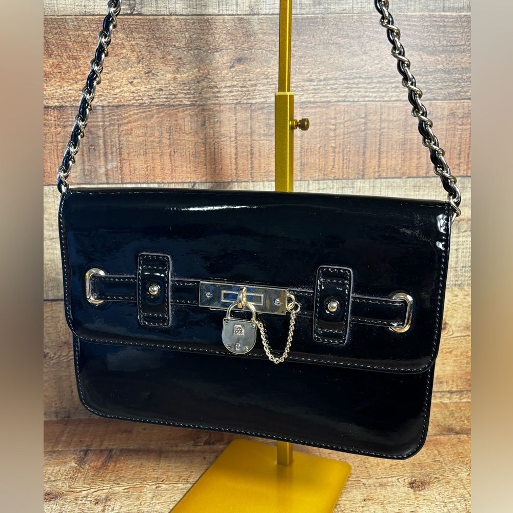 Anne Klein Black Patent Faux Leather Gold Lock Accent Chain Strap Shoulder Bag